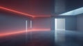 Large empty hall with pink and blue neon lights. Futuristic minimalist architecture. Generative AI