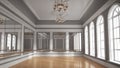 Large empty hall with wooden floors, large windows and mirrors. Dance studio.