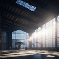 Large Empty Metal Factory Hangar, Big Windows With Sunrays Trough Dust, Generative AI Royalty Free Stock Photo