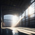 Large Empty Metal Factory Hangar, Big Windows With Sunrays Trough Dust, Generative AI Royalty Free Stock Photo