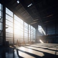 Large Empty Metal Factory Hangar, Big Windows With Sunrays Trough Dust, Generative AI Royalty Free Stock Photo