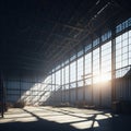 Large Empty Metal Hangar, Big Windows With Sunrays Trough Dust, Generative AI Royalty Free Stock Photo
