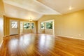 Large empty newly remodeled living room with wood floor. Royalty Free Stock Photo