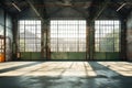 Large empty old industrial warehouse interior with a big windows Royalty Free Stock Photo