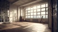 Large empty open space office or apartment loft or studio with some glass window view beautiful day light city sunset. Royalty Free Stock Photo