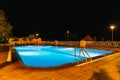 Large empty outdoor hotel swimming pool illuminated at night