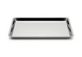 A large, empty, rectangular metal baking tray on a white background Royalty Free Stock Photo