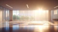 Large and Empty Room with wooden floor and a Windows wall with Nature view and Golden Morning Light - AI generated