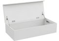A large, empty, white rectangular storage box with a lid and hinges on the sides Royalty Free Stock Photo