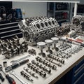 Is a large engine block, with pistons, camshafts, and crankshafts Royalty Free Stock Photo