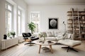 Large European style sitting room with book shelves white sofa with cushions and armrests black padded swivel chair Generative AI