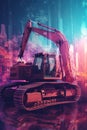 A large excavator sitting on top of a city street. Generative AI image.