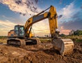 large excavator works on a construction site under a dramatic sky, showcasing heavy machinery in action during sunset. Royalty Free Stock Photo