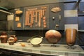 Large exhibit of Egyptian artifacts displayed under glass, The Louvre,Paris,2016