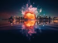 A large explosion is seen in front of a city skyline. Generative AI image. Royalty Free Stock Photo