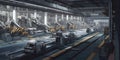 A large factory assembly line with conveyor belts and rob one created with generative AI