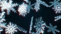 Large falling crystal snowflakes, computer generated. 3d rendering winter backdrop