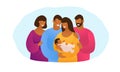 A large family of black people with a newborn baby. Several generations. Grandparents hug young parents with baby. Flat