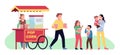 Large family. Cheerful parents with kids buy popcorn near street food cart in park. People walking in nature. Vendor at Royalty Free Stock Photo