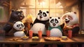 Large family of cute fluffy pandas having fun eating various fast food,french fries,hamburgers and drinking dirty soda