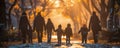 Large family of immigrants with children walks in park at sunset. Family members cherish moment of togetherness holding Royalty Free Stock Photo