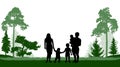 Large family man, woman and three children walks in the park