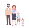 Large family portrait. Mother holding newborn baby, father, and children standing together. Adorable cartoon characters