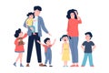 Large family, tired parents and children. Cartoon father and mother, happy and sad kids. Upbringing process, parenthood Royalty Free Stock Photo