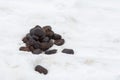 Large feces on white snow close up