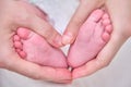 Large female hands and small foot of a newborn baby. The mother holds the child feet in her palms Royalty Free Stock Photo