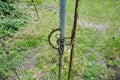 Large fence with wire mesh and barbed wire a chain and a padlock. Grassland, meadow construction site background Royalty Free Stock Photo