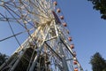 A large Ferris wheel in an amusement park with red and yellow cabins on a blue sky background. Trees in an amusement park Royalty Free Stock Photo