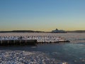 A large ferry in the partially frozen Oslofjord in winter