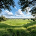 A large field of grass with a few trees in the background