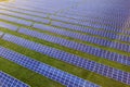 Large field of solar photo voltaic panels system producing renewable clean energy on green grass background