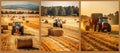 Large field with three different scenes, each depicting tractor and haystacks. In first scene, there are two tractors working on