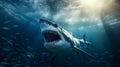 large fierce deep-sea shark is chasing small fish to eat, , illustration by generative ai
