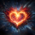 Large fiery flaming heart on a dark background. Heart as a symbol of affection and Royalty Free Stock Photo