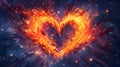 Large fiery flaming heart on a dark blue background