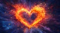 Large fiery flaming heart on a dark blue background