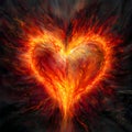 Large fiery flaming heart on a dark blue background