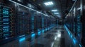 large file transfer, Professional data server room with racks of servers, blinking LEDs, and large file transfer display.