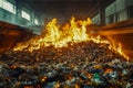 Flames engulfing a massive pile of waste inside an industrial facility during waste management operations Royalty Free Stock Photo