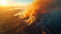 A large fire is burning on a mountain range with smoke billowing out, AI