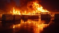 A large fire is burning in a warehouse at night Royalty Free Stock Photo