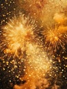 Large firework display in sky, with multiple colors and sparks flying upwards. There are also smaller fireworks around Royalty Free Stock Photo
