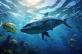 A large fish and a smaller fish swimming side by side in the water, The underwater wild world with tuna fishes, AI Generated