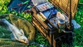 A large fisherman`s tackle box fully stocked with lures and gear for fishing.fishing lures and accessories in the box background Royalty Free Stock Photo