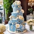 large five-tiered blue cake with flowers and blu,