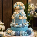 large five-tiered blue cake with flowers and blu,